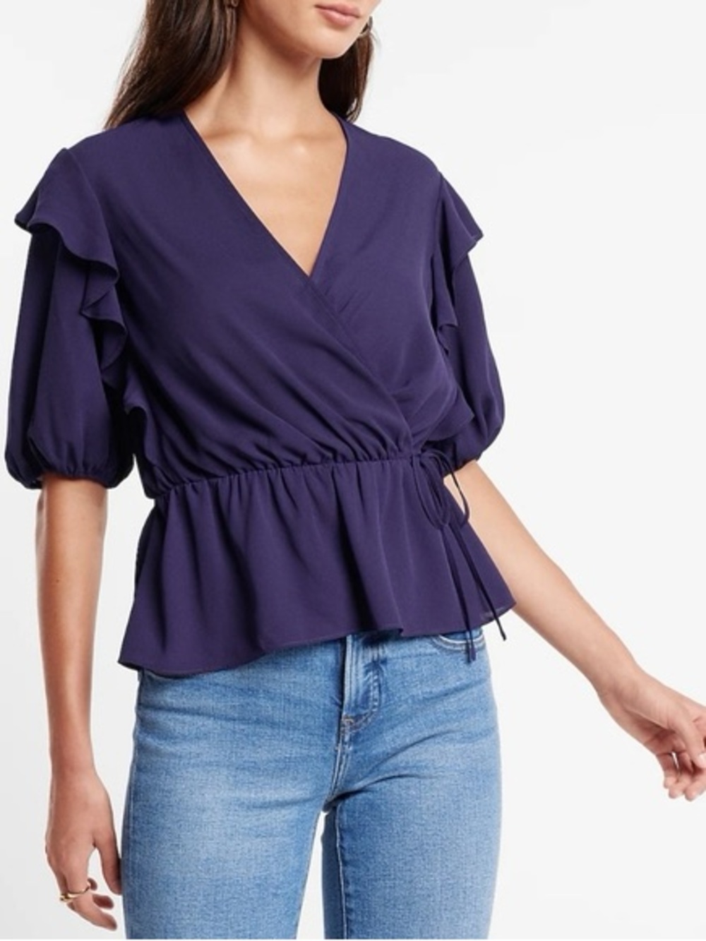 Express Indigo Ruffle Wrap Blouse, Small NWOT
